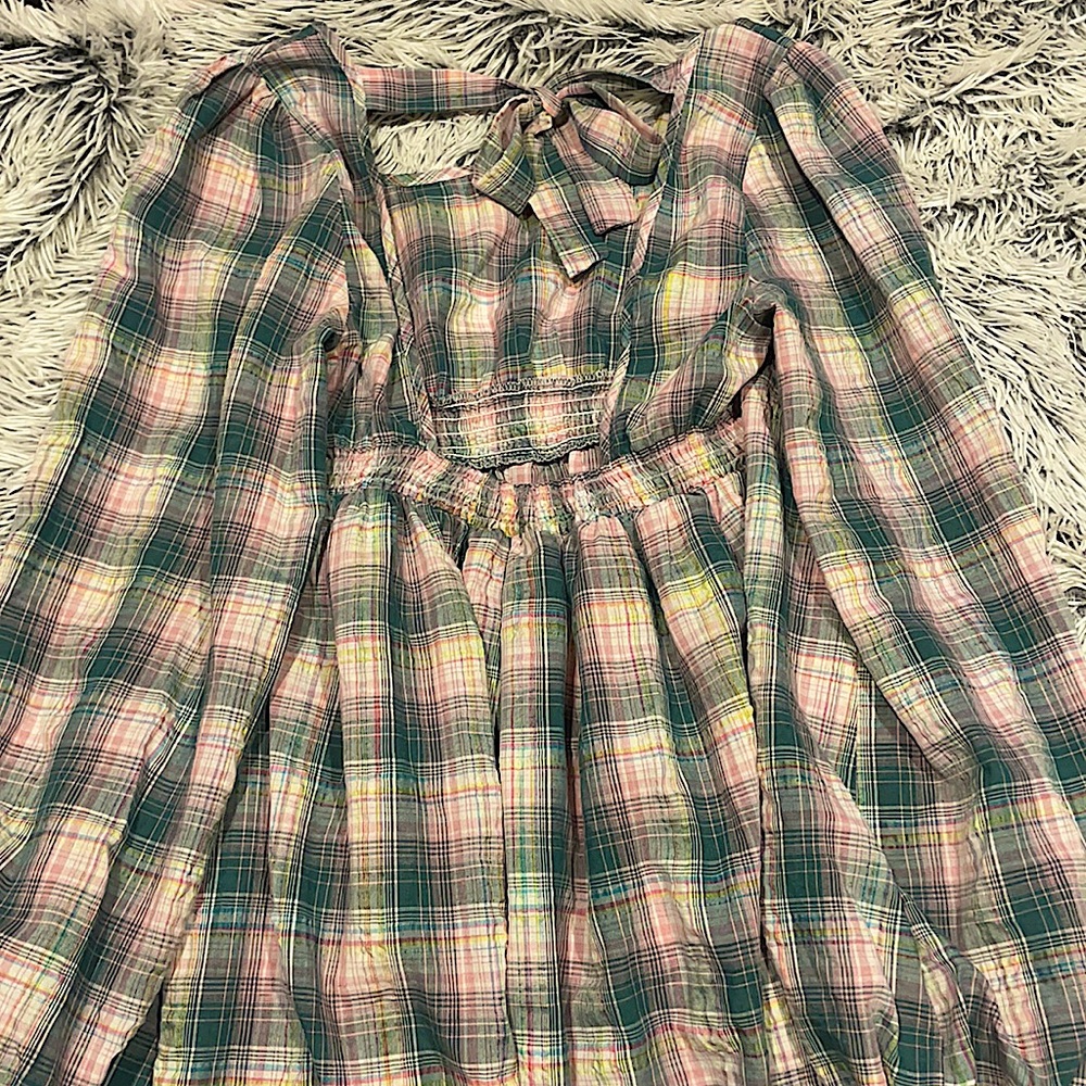 plaid lantern sleeve dress mid-thigh/knee length